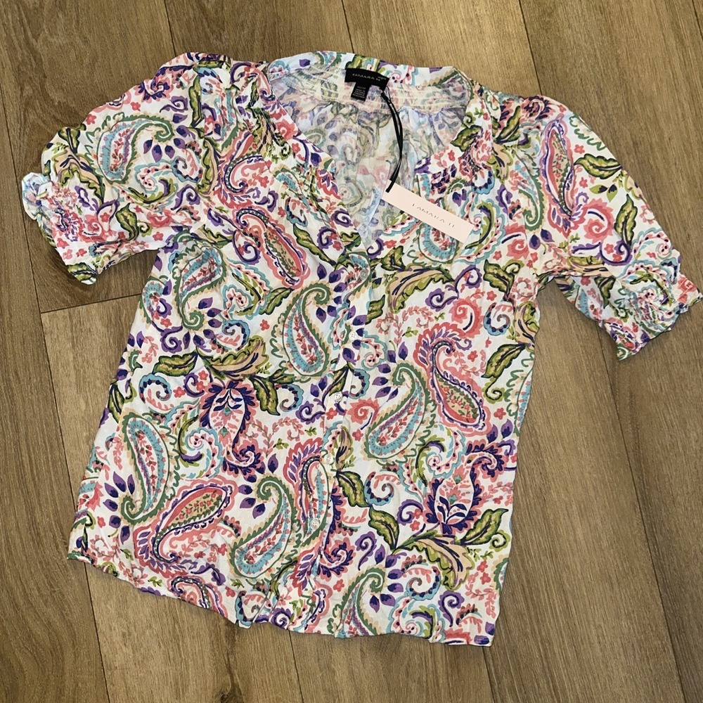 Tahari H. Floral Paisley Short Sleeve Button V Neck Top Women's XS Rayon NWT